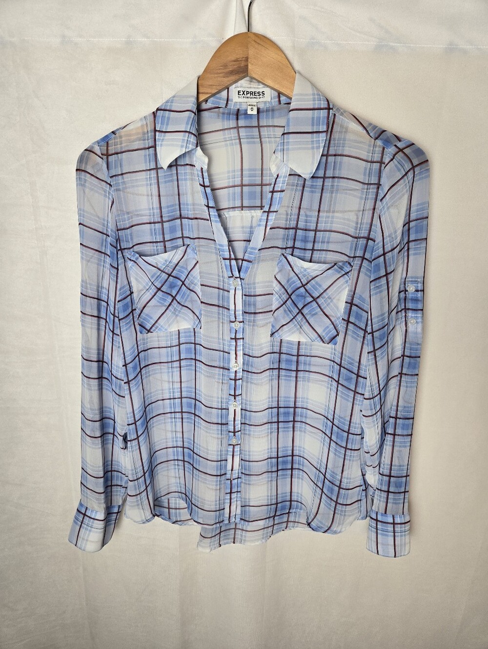 Express Portofino Shirt Top Sz Medium Blue Plaid Roll Tab Sleeve Button Up Sheer